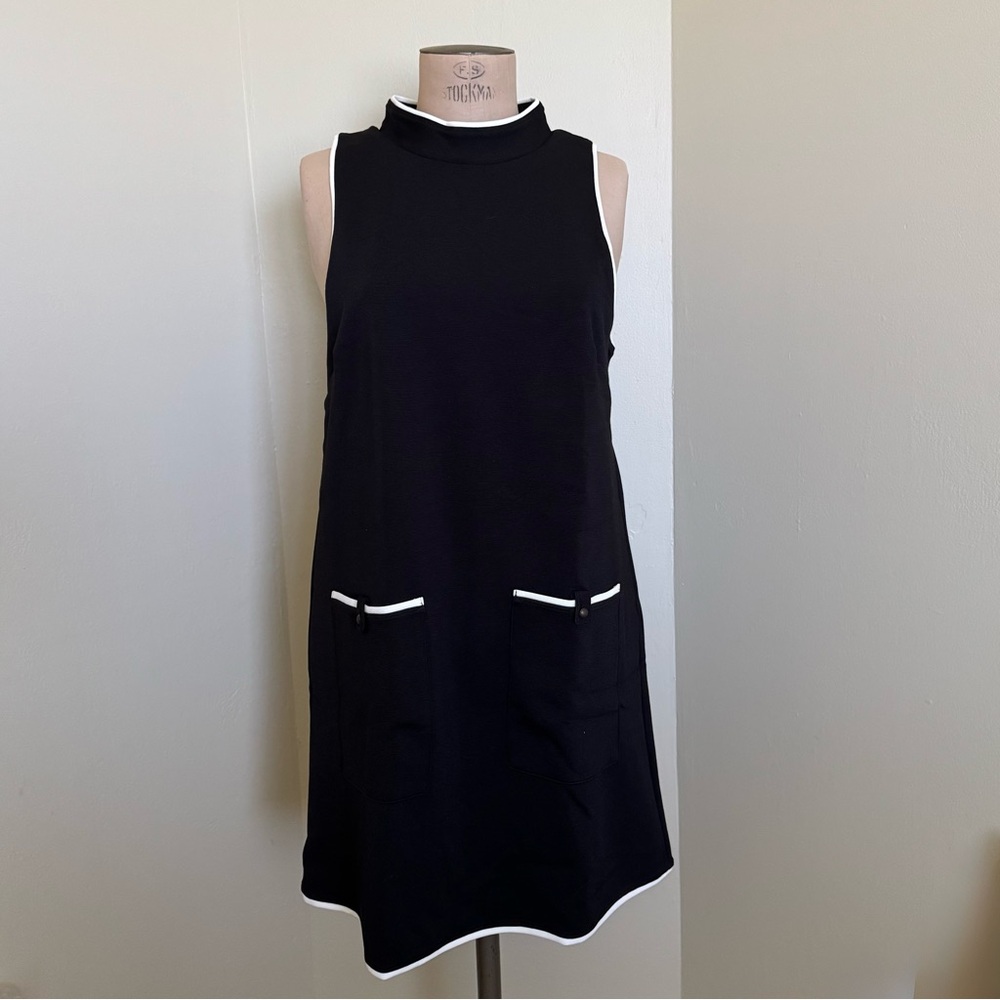 Anthropologie Maeve Sleeveless Mock-Neck Dress | Black w/white trim | Size XL